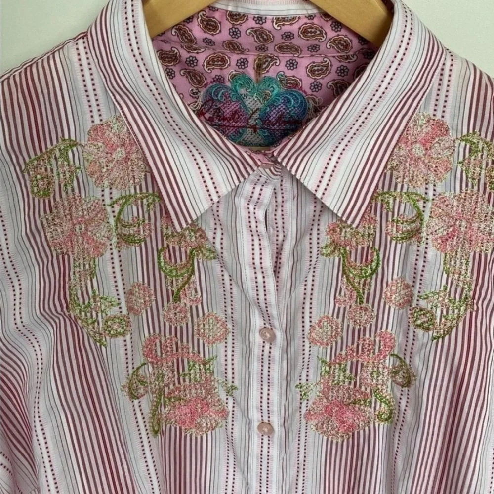Robert Graham Woman’s  Pink Striped Floral Embroidered Button Down Shirt - Picture 2 of 8
